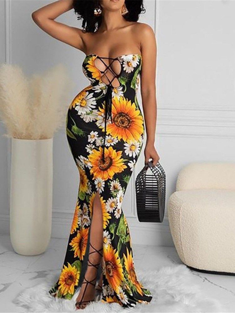 Pulôver Feminino Sem Mangas Patchwork Longo Vestido Floral Bodycon