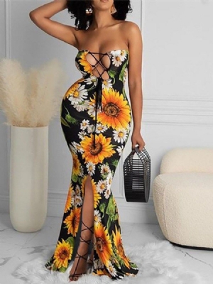 Pulôver Feminino Sem Mangas Patchwork Longo Vestido Floral Bodycon