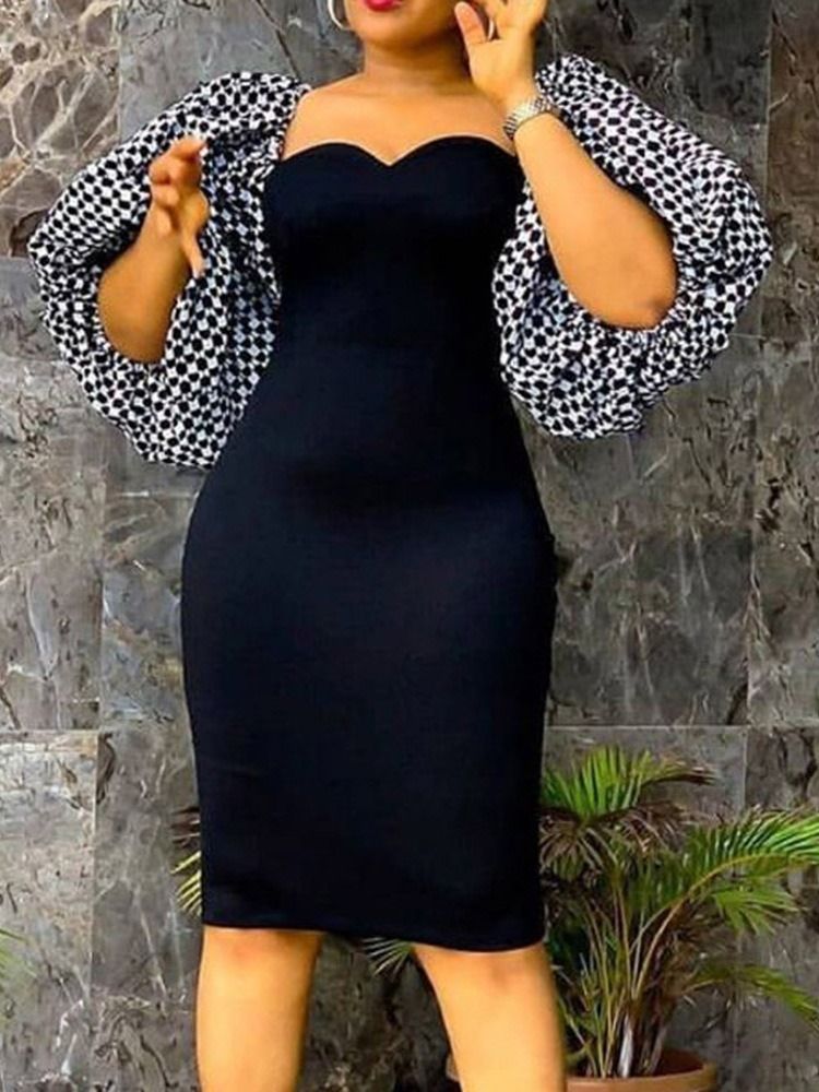 Vestido Até O Joelho Meia Manga Patchwork Pulôver Feminino Ocidental