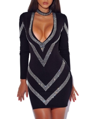 Vestido Bodycon Feminino De Manga Comprida Strass