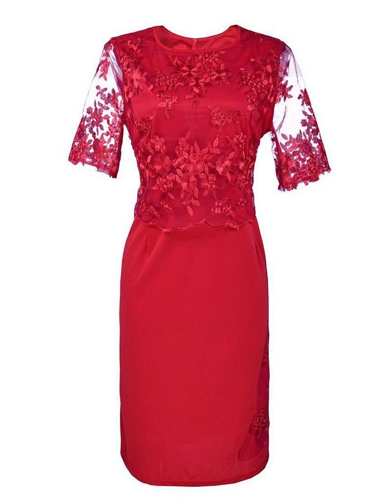 Vestido Bodycon Regular De Renda Com Meia Manga Transparente Tamanho Plus Feminino