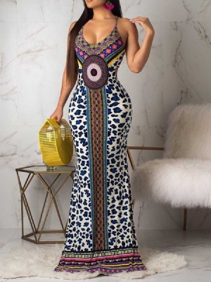 Vestido Da Moda Africana Feminina Até O Chão Sem Mangas Bodycon Geométrico