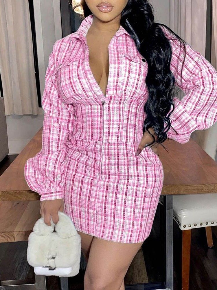 Vestido Feminino Acima Do Joelho Com Estampa De Lapela Sexy Para Outono