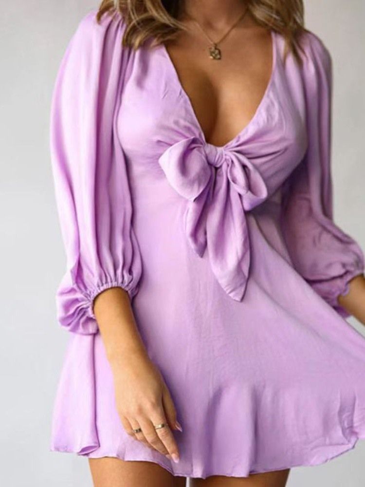 Vestido Feminino Acima Do Joelho Com Manga Três Quartos Bowknot Liso Linha A