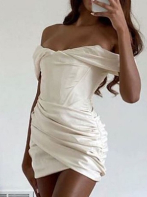 Vestido Feminino Acima Do Joelho E Fora Do Ombro Plissado Bodycon Liso
