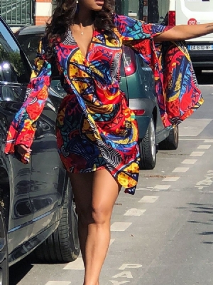 Vestido Feminino Acima Do Joelho Manga Comprida Com Decote Em V Pulôver Assimétrico