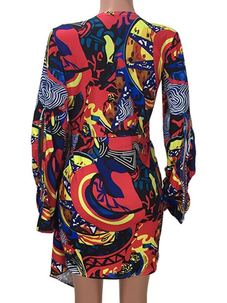 Vestido Feminino Acima Do Joelho Manga Comprida Com Decote Em V Pulôver Assimétrico
