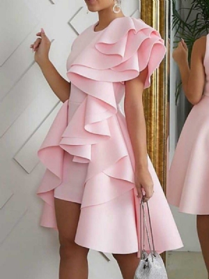 Vestido Feminino Assimétrico Em Torno Do Pescoço Manga Meia Canela E Cintura Média
