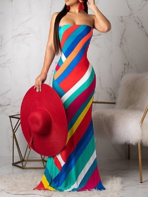 Vestido Feminino Até O Chão Sem Mangas Dividido Em Listras Sem Alças