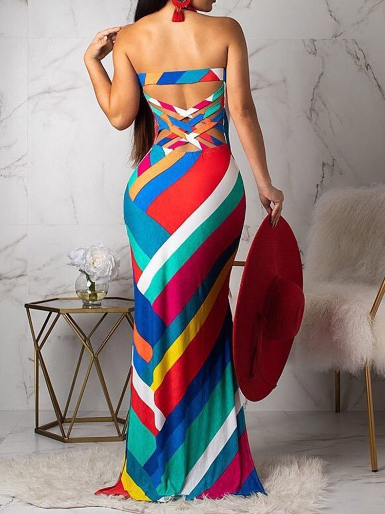 Vestido Feminino Até O Chão Sem Mangas Dividido Em Listras Sem Alças