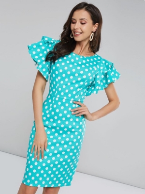 Vestido Feminino De Bolinhas Com Manga Pétala Na Altura Do Joelho