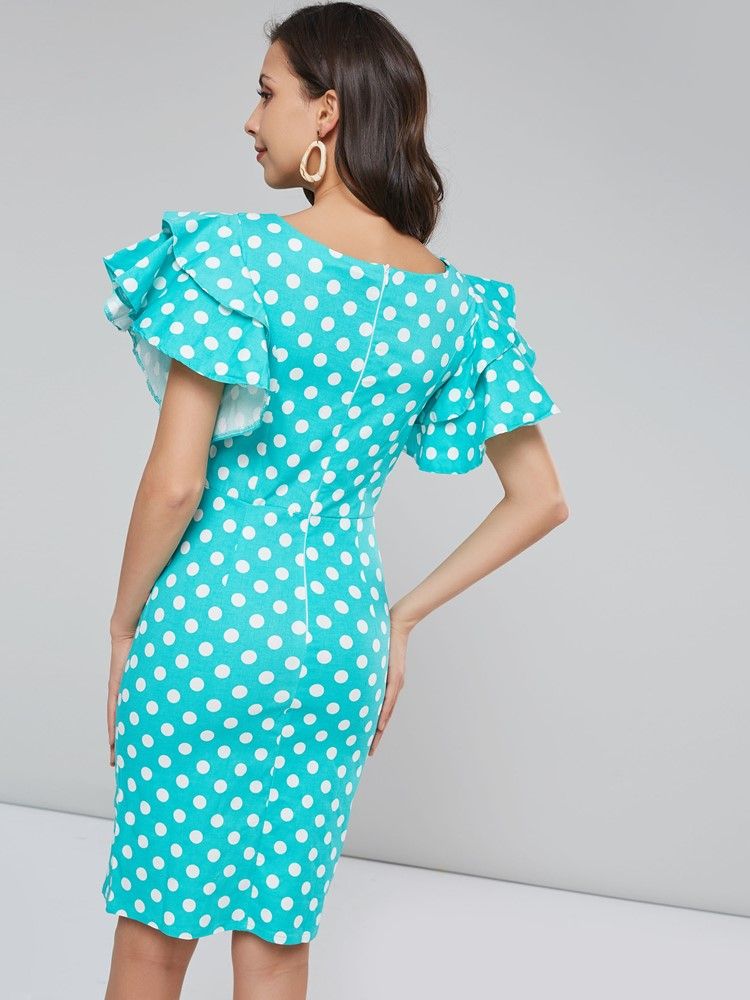 Vestido Feminino De Bolinhas Com Manga Pétala Na Altura Do Joelho