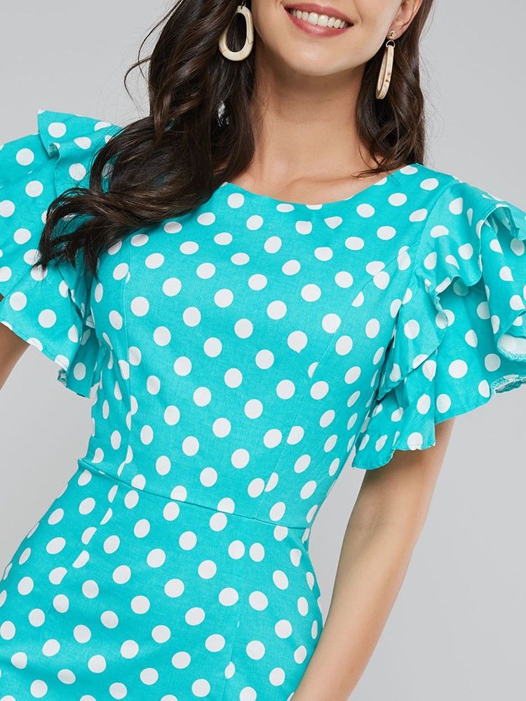 Vestido Feminino De Bolinhas Com Manga Pétala Na Altura Do Joelho