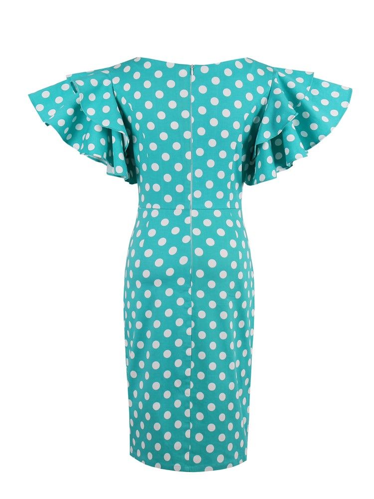 Vestido Feminino De Bolinhas Com Manga Pétala Na Altura Do Joelho