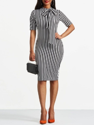 Vestido Feminino Bowknot Bow Collar Stripe Bodycon