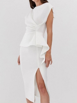 Vestido Feminino Com Babado Ol Meia Canela Redonda Decote Redondo De Manga Curta Branco