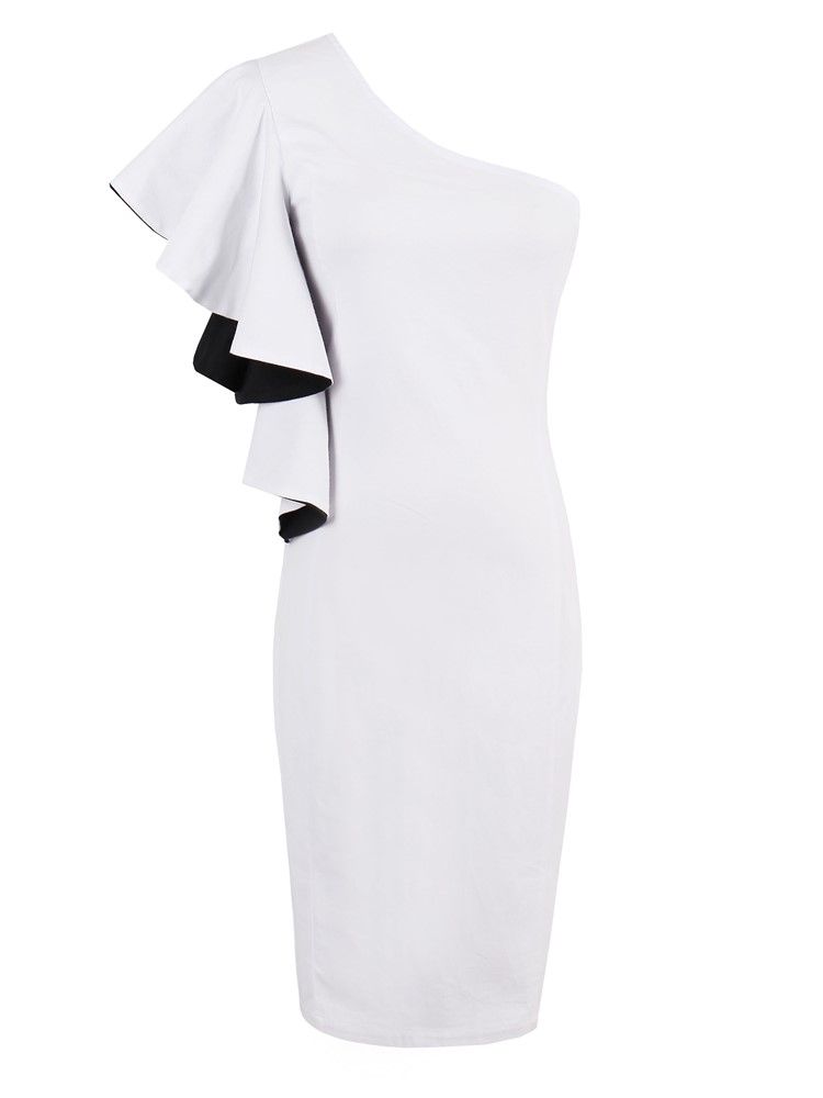 Vestido Feminino Com Babados De Um Ombro Em Cor Sólida