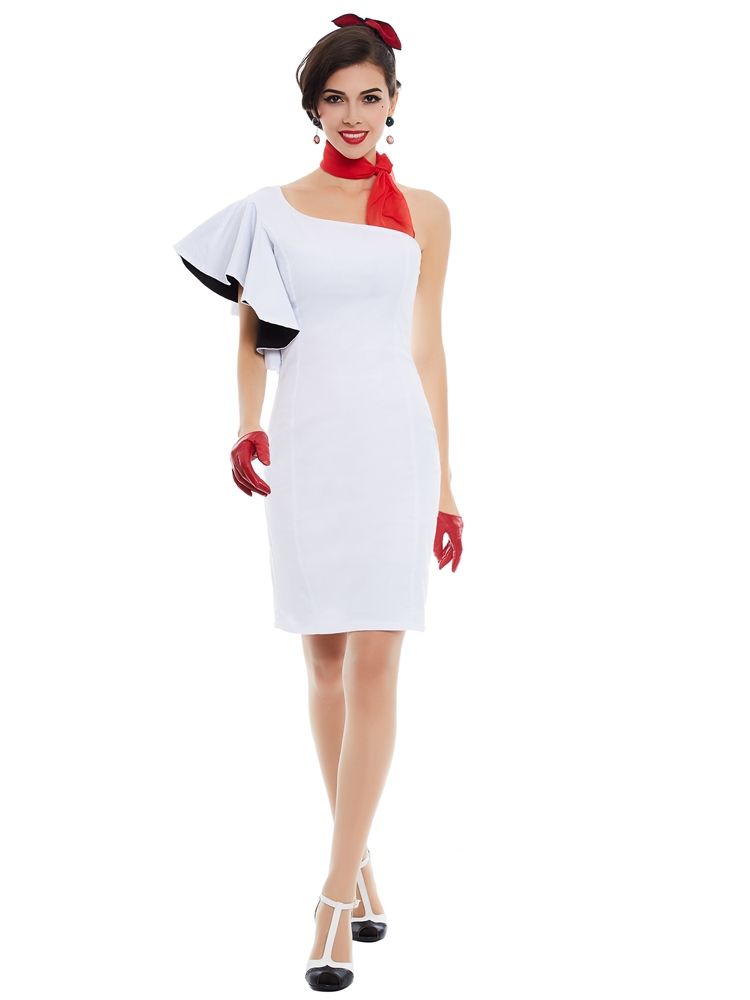 Vestido Feminino Com Babados De Um Ombro Em Cor Sólida