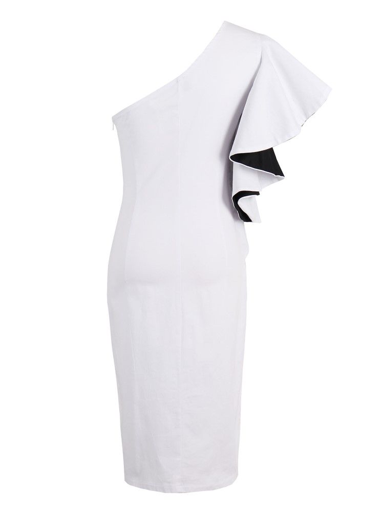 Vestido Feminino Com Babados De Um Ombro Em Cor Sólida