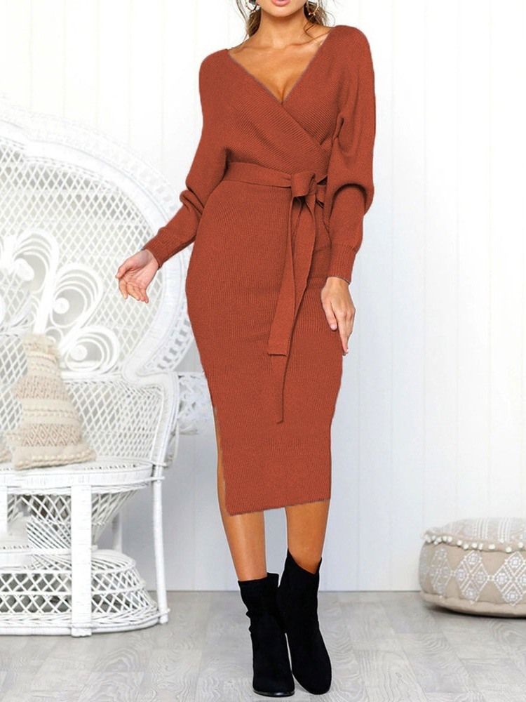 Vestido Feminino Com Cordões Com Decote Em V Manga Longa Inverno Cintura Média