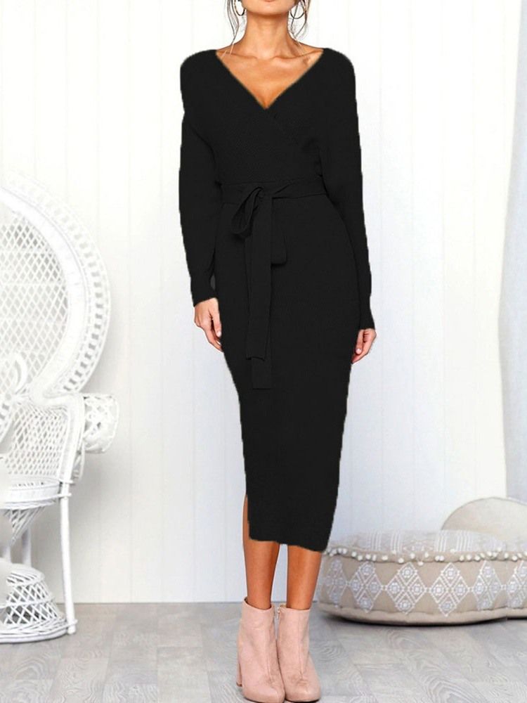 Vestido Feminino Com Cordões Com Decote Em V Manga Longa Inverno Cintura Média