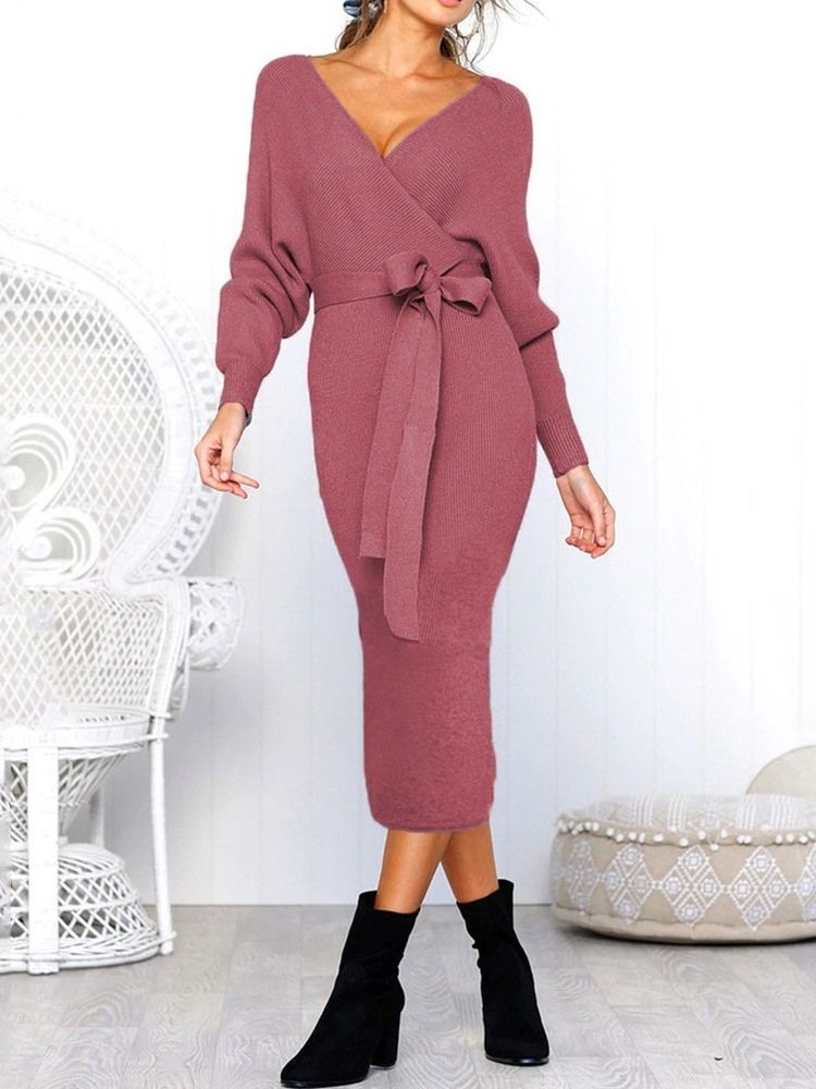 Vestido Feminino Com Cordões Com Decote Em V Manga Longa Inverno Cintura Média