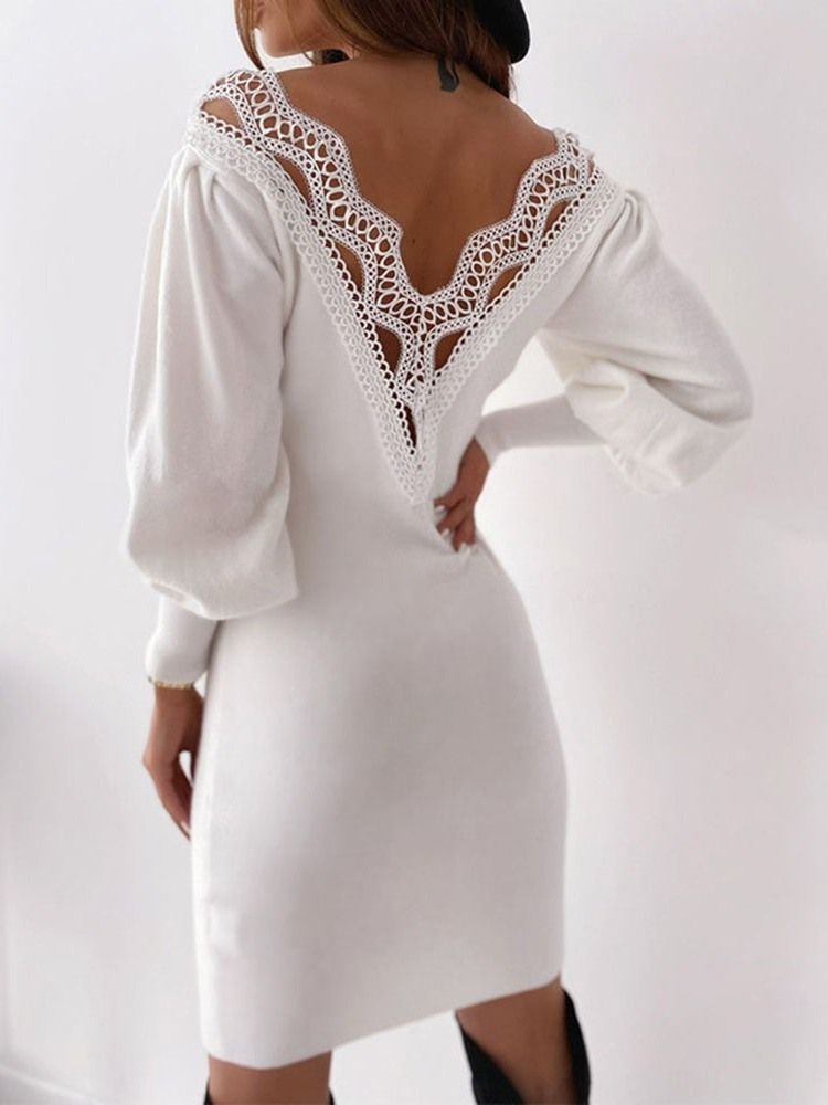 Vestido Feminino Com Decote Em V Acima Do Joelho E Sem Encosto Com Lanterna Bodycon