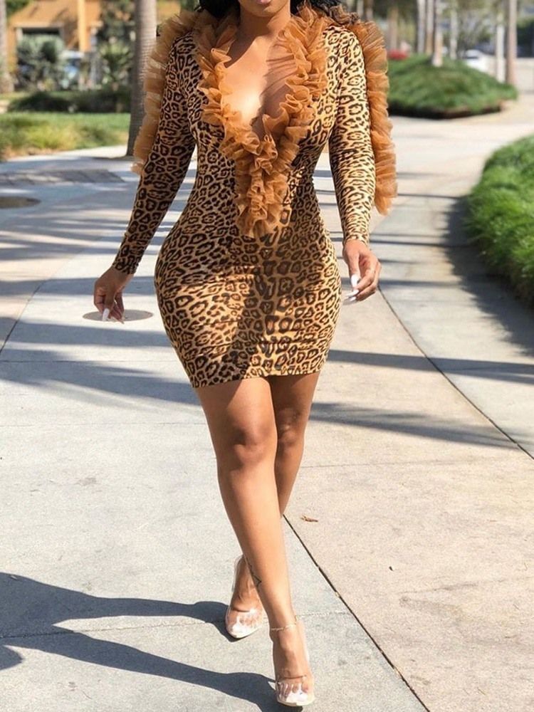 Vestido Feminino Com Decote Em V Com Cintura Fina Acima Do Joelho Leopardo