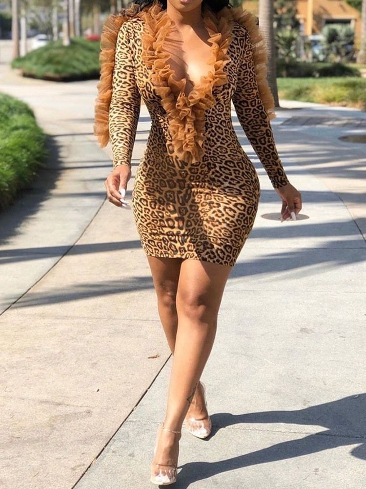 Vestido Feminino Com Decote Em V Com Cintura Fina Acima Do Joelho Leopardo