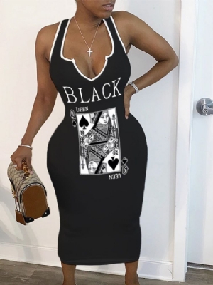 Vestido Feminino Com Decote Em V Com Estampa De Panturrilha Média