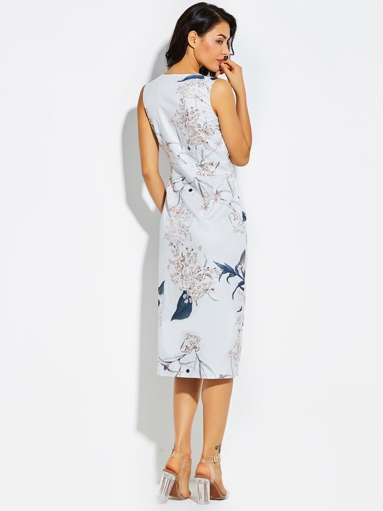 Vestido Feminino Com Decote Em V Floral Estampado Com Bainha Assimétrica