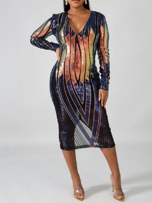 Vestido Feminino Com Decote Em V Lantejoulas Cintura Média Outono