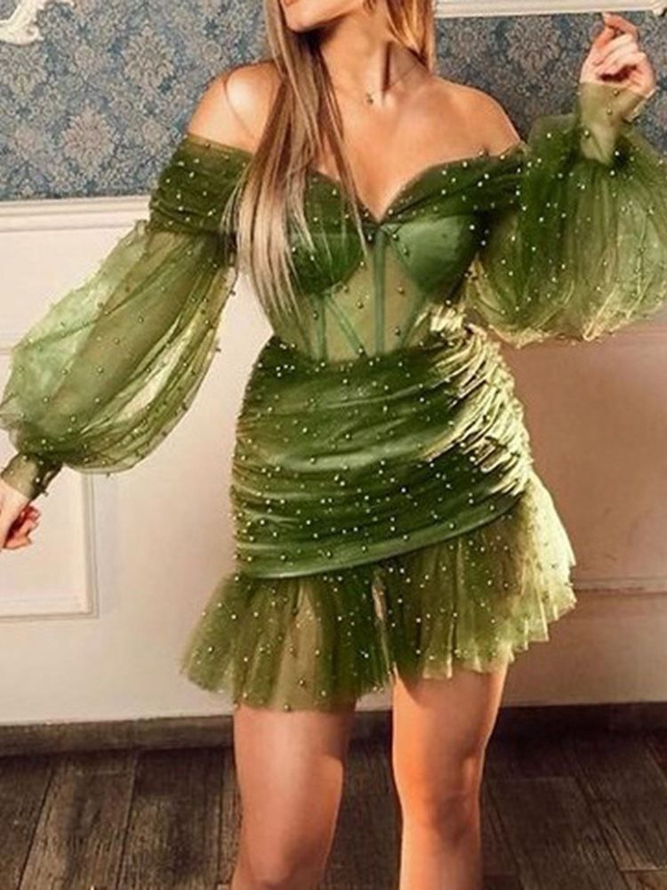 Vestido Feminino Com Decote Em V Manga Comprida Acima Do Joelho Liso Sereia
