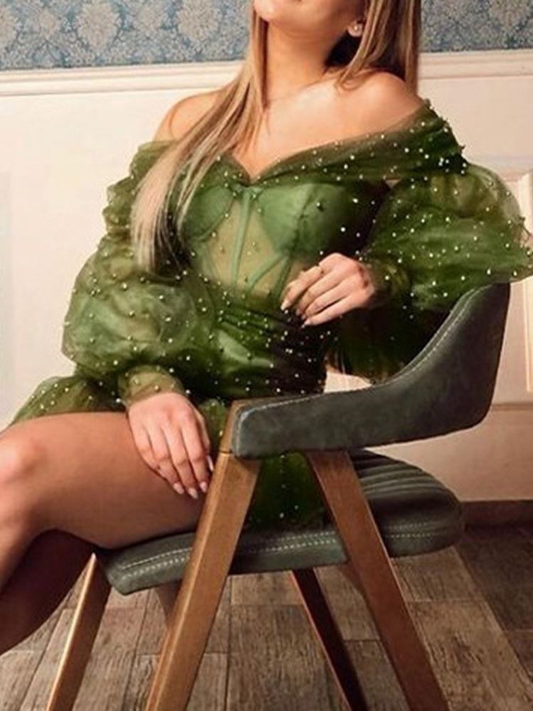 Vestido Feminino Com Decote Em V Manga Comprida Acima Do Joelho Liso Sereia