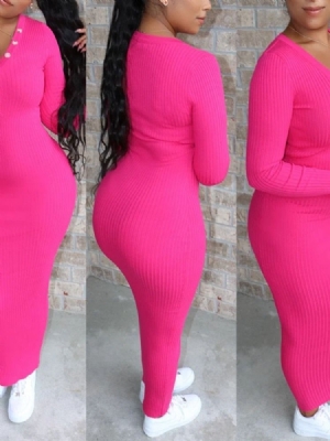Vestido Feminino Com Decote Em V Manga Comprida Com Botão De Cintura Média