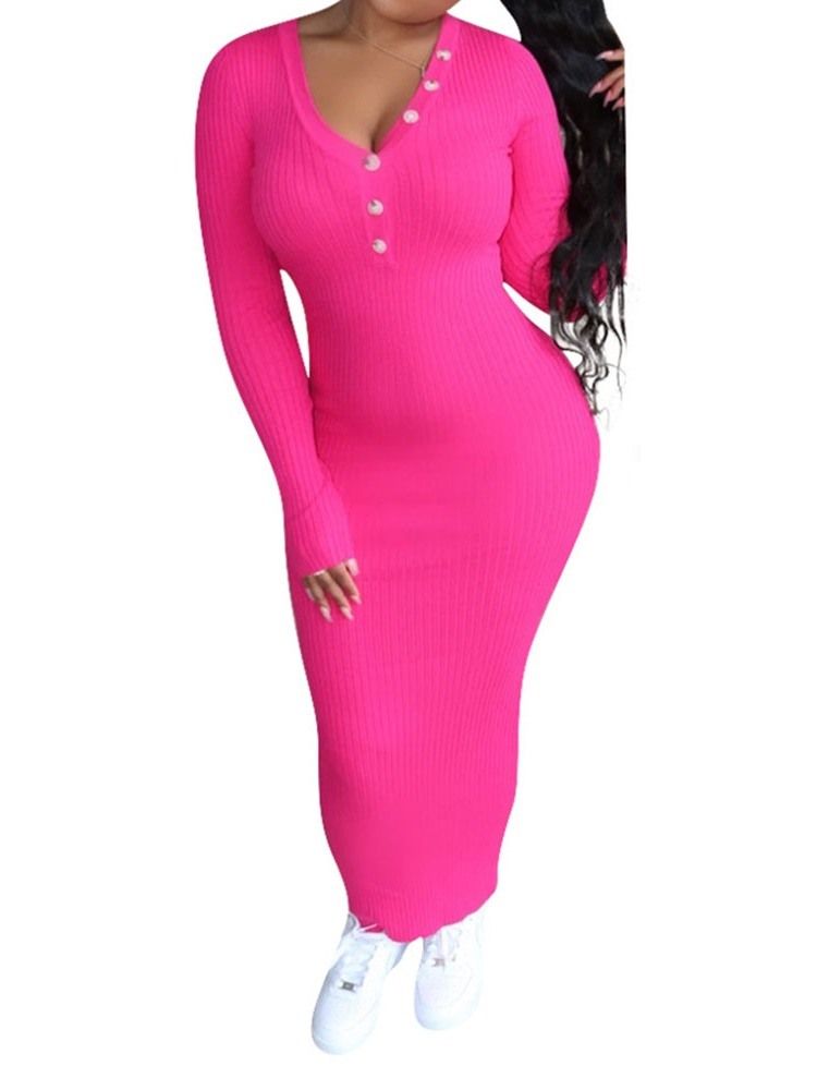 Vestido Feminino Com Decote Em V Manga Comprida Com Botão De Cintura Média