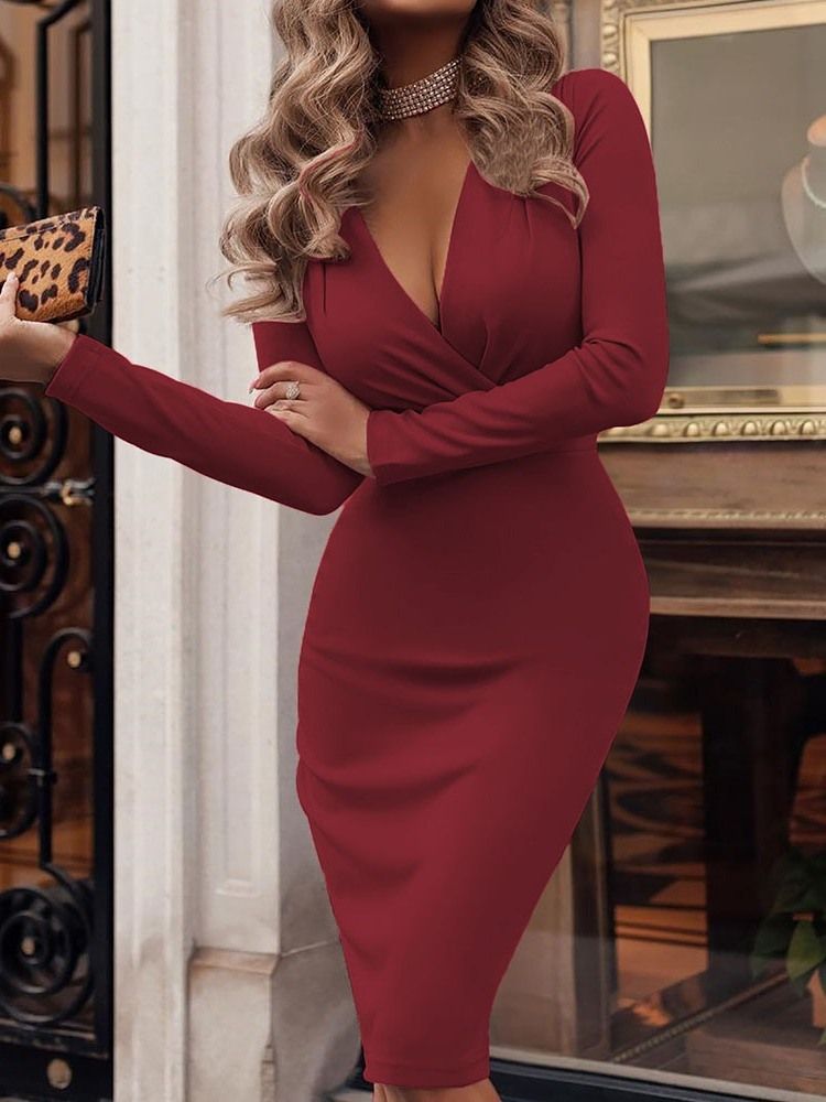 Vestido Feminino Com Decote Em V Manga Comprida Cintura Alta Cintura Alta