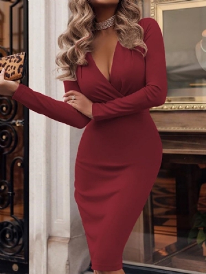 Vestido Feminino Com Decote Em V Manga Comprida Cintura Alta Cintura Alta