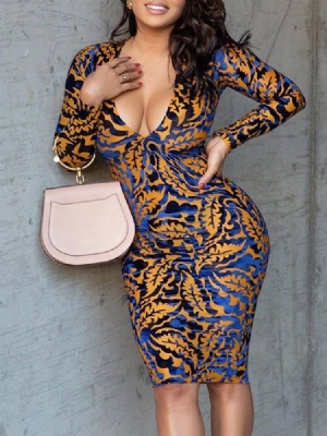 Vestido Feminino Com Decote Em V Manga Comprida Estampado Sexy