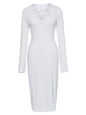 Vestido Feminino Com Decote Em V Manga Comprida Com Fenda Lateral