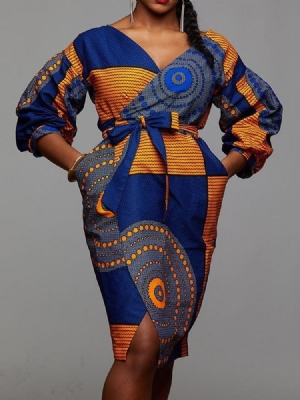Vestido Feminino Com Decote Em V Manga Comprida Na Altura Do Joelho Outono Ocidental