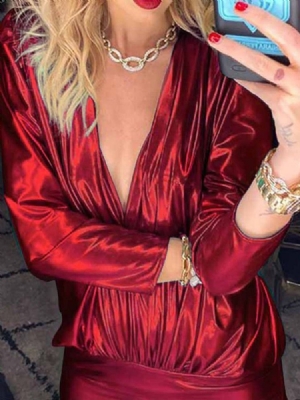 Vestido Feminino Com Decote Em V Manga Três Quartos Plissado Sexy Bodycon
