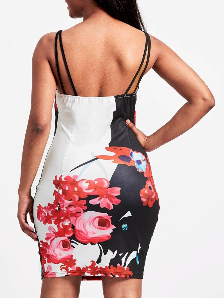 Vestido Feminino Com Estampa Floral De Alça Espaguete Sem Costas Bodycon