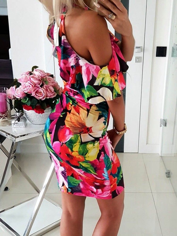 Vestido Feminino Com Estampa Floral De Ombro Frio Acima Do Joelho