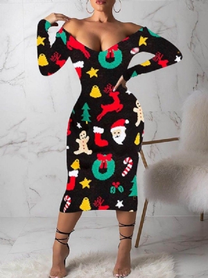 Vestido Feminino Com Estampa De Manga Comprida Meia Canela E Ombro Frio