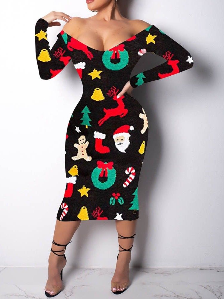 Vestido Feminino Com Estampa De Manga Comprida Meia Canela E Ombro Frio