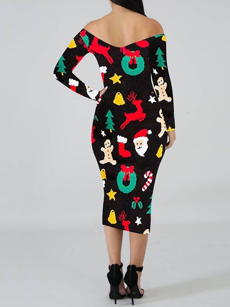 Vestido Feminino Com Estampa De Manga Comprida Meia Canela E Ombro Frio