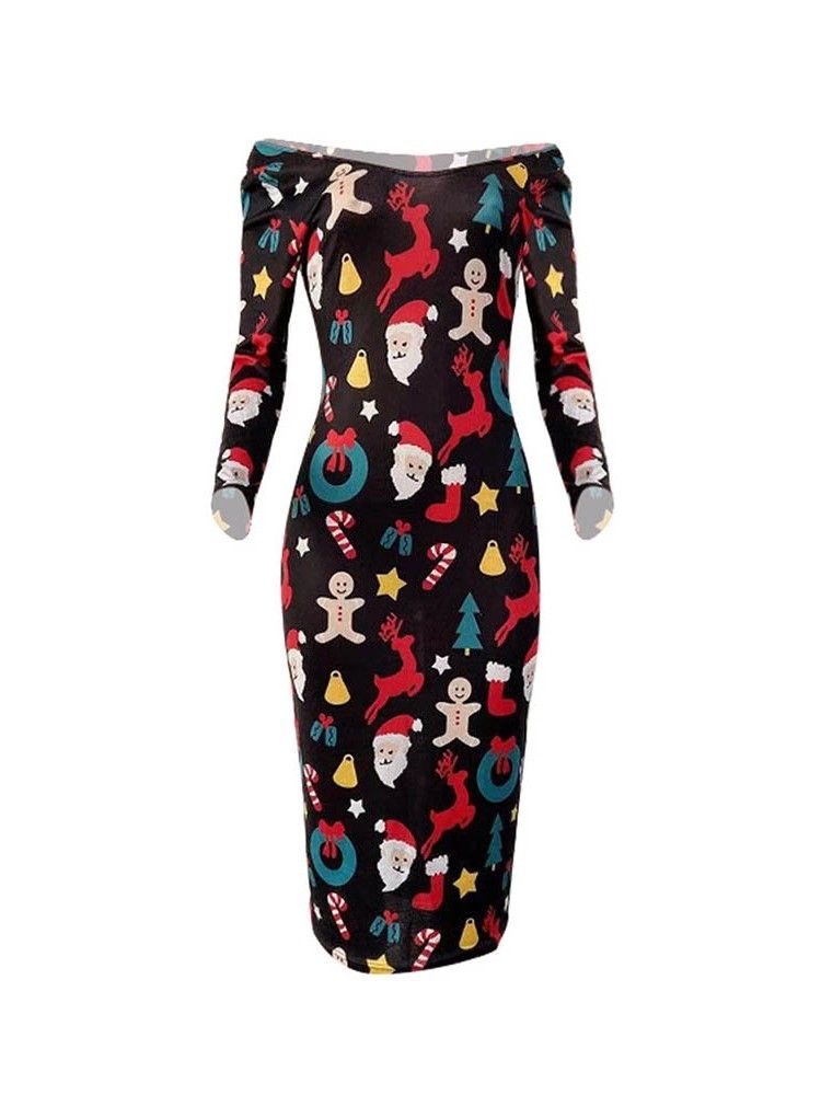 Vestido Feminino Com Estampa De Manga Comprida Meia Canela E Ombro Frio