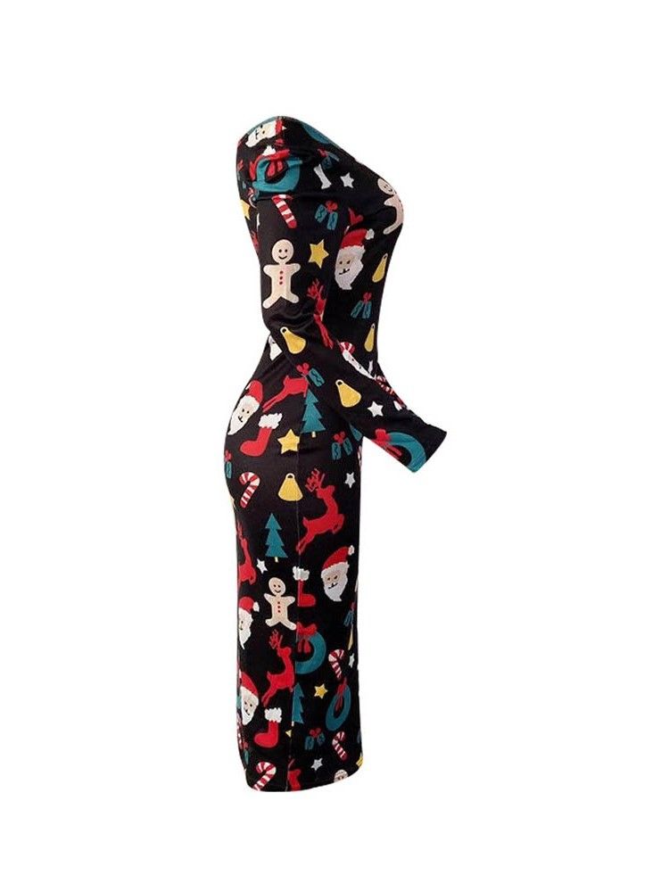 Vestido Feminino Com Estampa De Manga Comprida Meia Canela E Ombro Frio