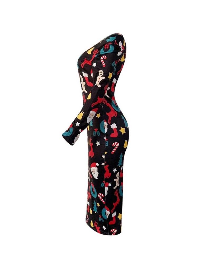 Vestido Feminino Com Estampa De Manga Comprida Meia Canela E Ombro Frio